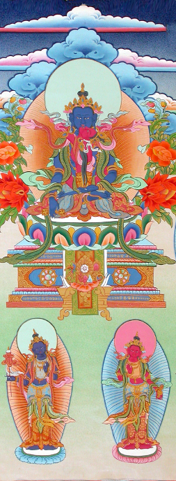 detail from the MA-TRI thangka showing Tonpa Shenrab and 
Sherab Jyamma in yab-yum surrounded by the Buddhas liberating the 
six 6 realms of samsara